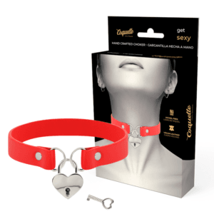 COQUETTE – CHIC DESIRE COLAR DE COURO VEGANO VERMELHO COM ACESSÓRIO DE CORAO COM CHAVE