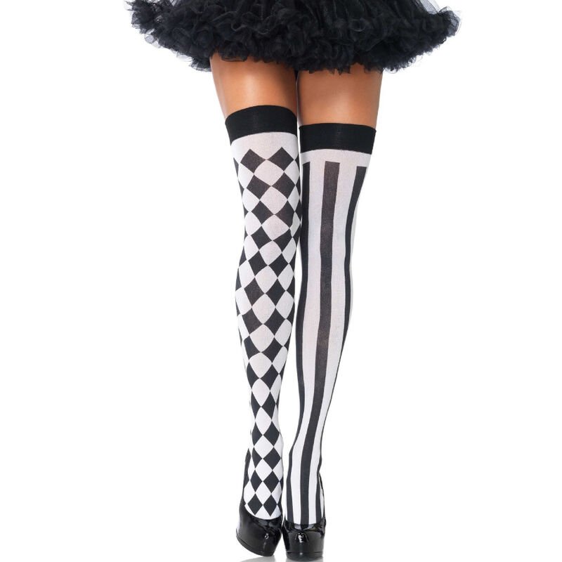 Ilhaerotica - LEG AVENUE - MEIAS ALTAS ARLEQUIN PRETAS/BRANCAS