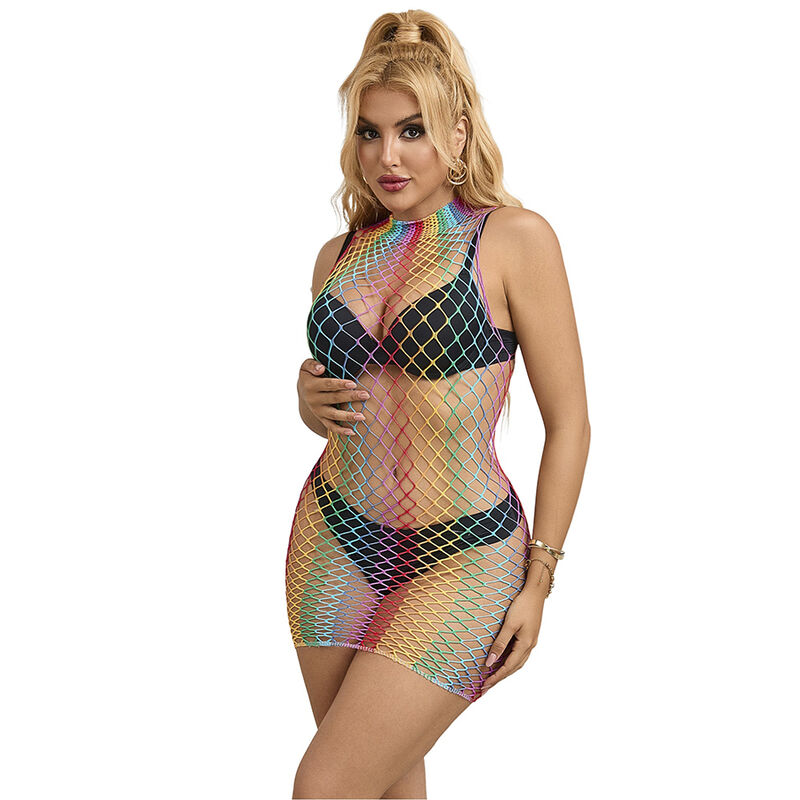 Ilhaerotica - SUBBLIME - 952433 RAINBOW GOLA ALTA SEM MANGAS FISHNET VESTIDO TAMANHO ÚNICO