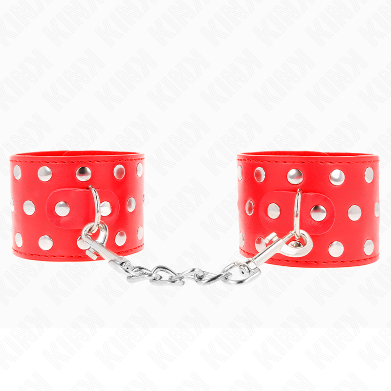Ilhaerotica - KINK - RETENÇÕES DE PULSO COM SNAP FASTEN COMPLETO DE REBITES VERMELHO AJUSTÁVEL 19-24 CM X 5