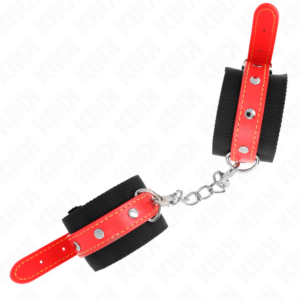 KINK – PUNHOS DE NYLON PRETO COM COURO VERMELHO AJUSTÁVEIS 19-24 CM X 5,5 CM