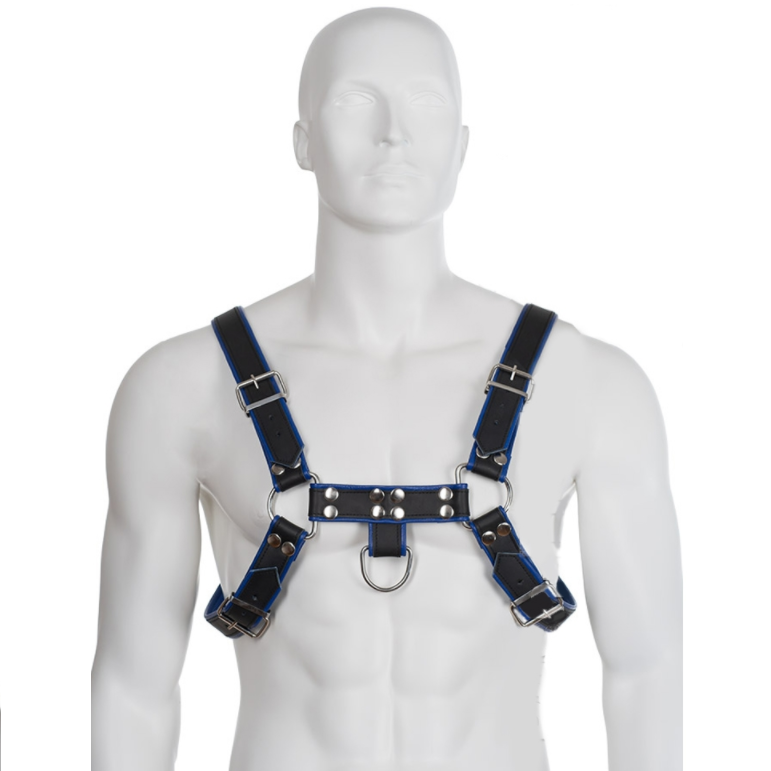 Ilhaerotica - LEATHER BODY - PEITO BULDOGUE CHICOTE DE COURO PRETO / AZUL