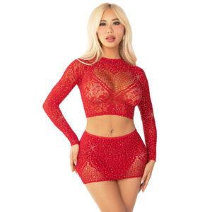 LEG AVENUE – CROPPED DE REDE BRILHANTE + MINI SAIA VERMELHO