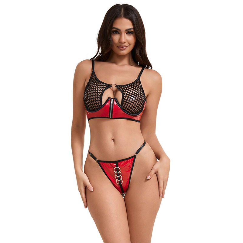 Ilhaerotica - SUBBLIME - 955533 CONJUNTO DE SUTIÃ DE COURO VERMELHO COM ZÍPER DE MALHA S/M