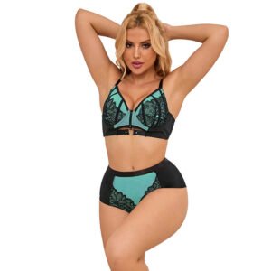 SUBBLIME – 955564 CONJUNTO DE SUTIÃ DE COURO VERDE COM ZÍPER DE MALHA L/XL
