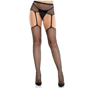 LEG AVENUE – MEIAS DE RENDA COM CRUZ E CINTO-LIGA PRETO