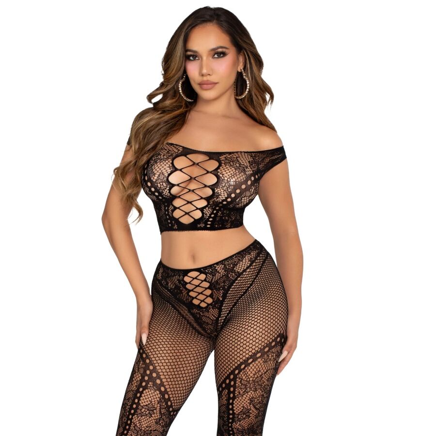 Ilhaerotica - LEG AVENUE - TOP CROP E LEGGING DE REDE COM OMBROS À FRENTE PRETO