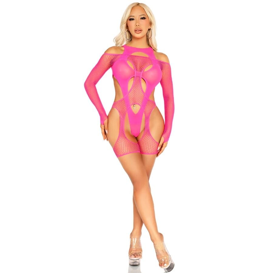 Ilhaerotica - LEG AVENUE - BODYSTOCKING DE REDE COM CINTA-LIGA E ARNÊS ROSA NEON