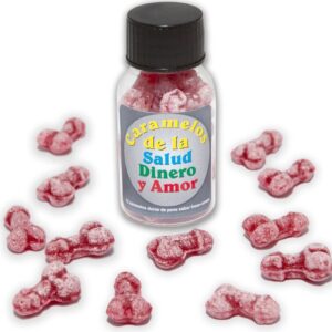 DIABLO PICANTE – 12 DOCES SAÚDE-DINHEIRO-AMOR FORMATO DE PÊNIS MORANGO/CEREJA
