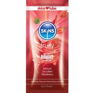 SKINS – LUBRIFICANTE À BASE DE ÁGUA COM SABOR FRUTADO DE MORANGO – DOSE ÚNICA DE 5 ML