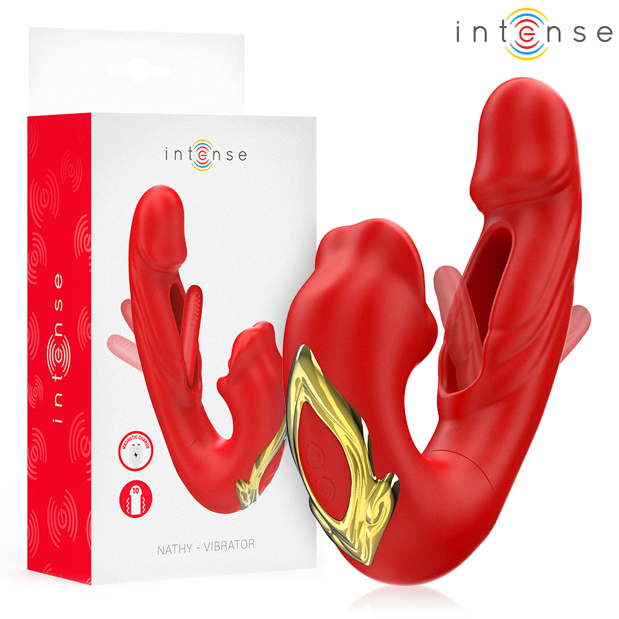 Ilhaerotica - INTENSE - NATHY VIBRADOR DUPLO COM BOCA ESTIMULANTE MULTIFUNÇÕES VERMELHO