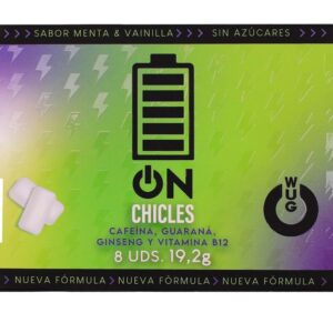 WUG On – Energia instantânea em formato de goma de mascar. Cartela com 8 unidades.