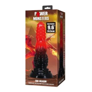 POWER MONSTERS – DILDO DE FANTASIA DRAGÃO DE FOGO COM VENTOSA 24,5 CM Ø 5,8 CM VERMELHO E PRETO