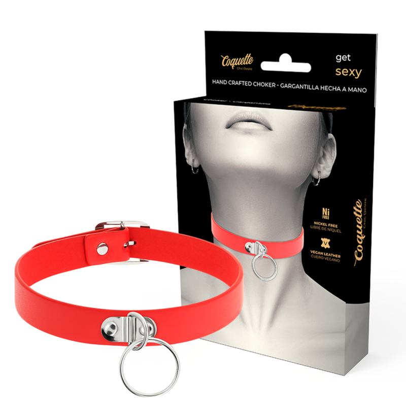 Ilhaerotica - COQUETTE CHIC DESIRE - COLAR DE COURO VEGANO VERMELHO ACESSÓRIO FETISH MULHER
