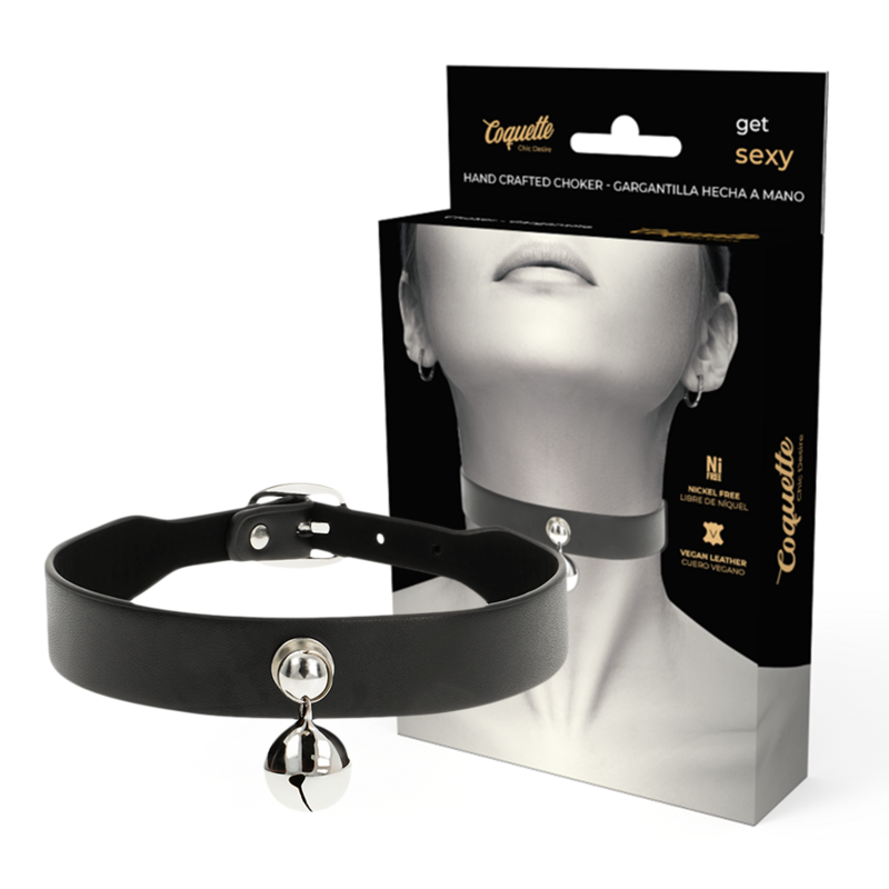 Ilhaerotica - COQUETTE CHIC DESIRE - COLAR DE COURO VEGANO MULHER ACESSÓRIO DE CHOCALHO