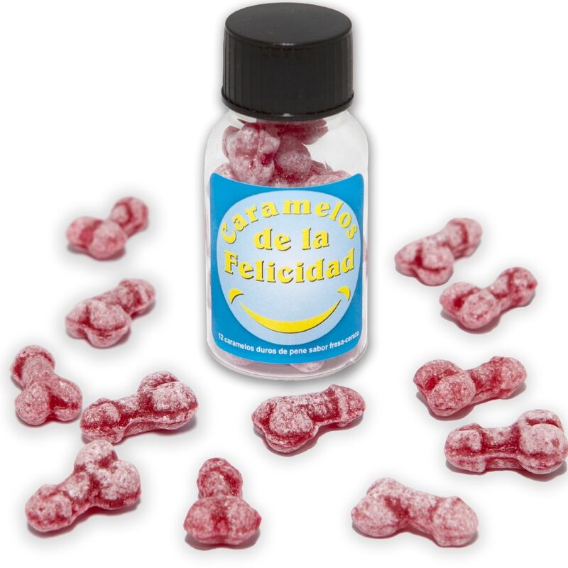 Ilhaerotica - DIABLO PICANTE - POTE COM 12 DOCES DE MORANGO/CEREJA EM FORMATO DE PÊNIS FELIZ