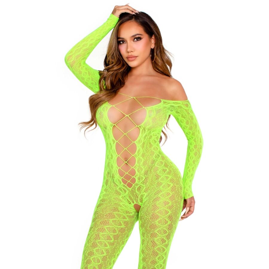 Ilhaerotica - LEG AVENUE - BODYSTOCKING SEM BASE EXÓTICO RENDA DE COBRA VERDE NEON