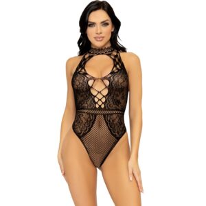 LEG AVENUE – BODY HALTER DE REDE E RENDA COM DECOTE DE FECHADURA TAMANHO ÚNICO