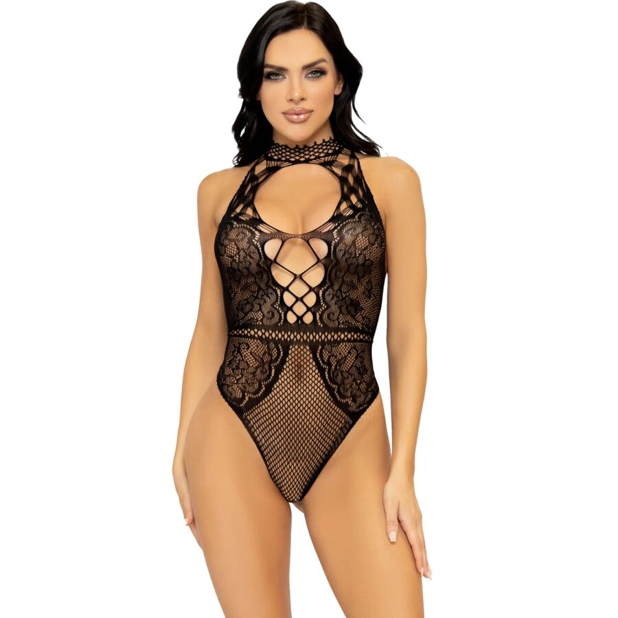 Ilhaerotica - LEG AVENUE - BODY HALTER DE REDE E RENDA COM DECOTE DE FECHADURA TAMANHO ÚNICO