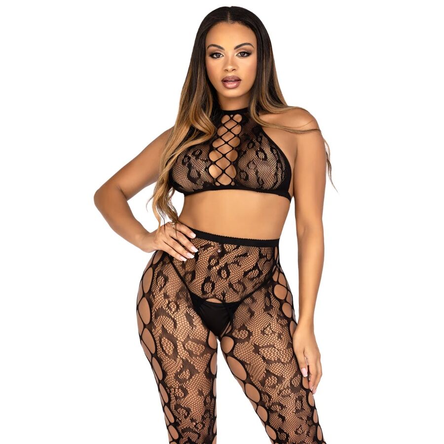 Ilhaerotica - LEG AVENUE - 89372 TOP CROPPED E MEIA-CALÇA SEM VOLTA PRETO - TAMANHO ÚNICO