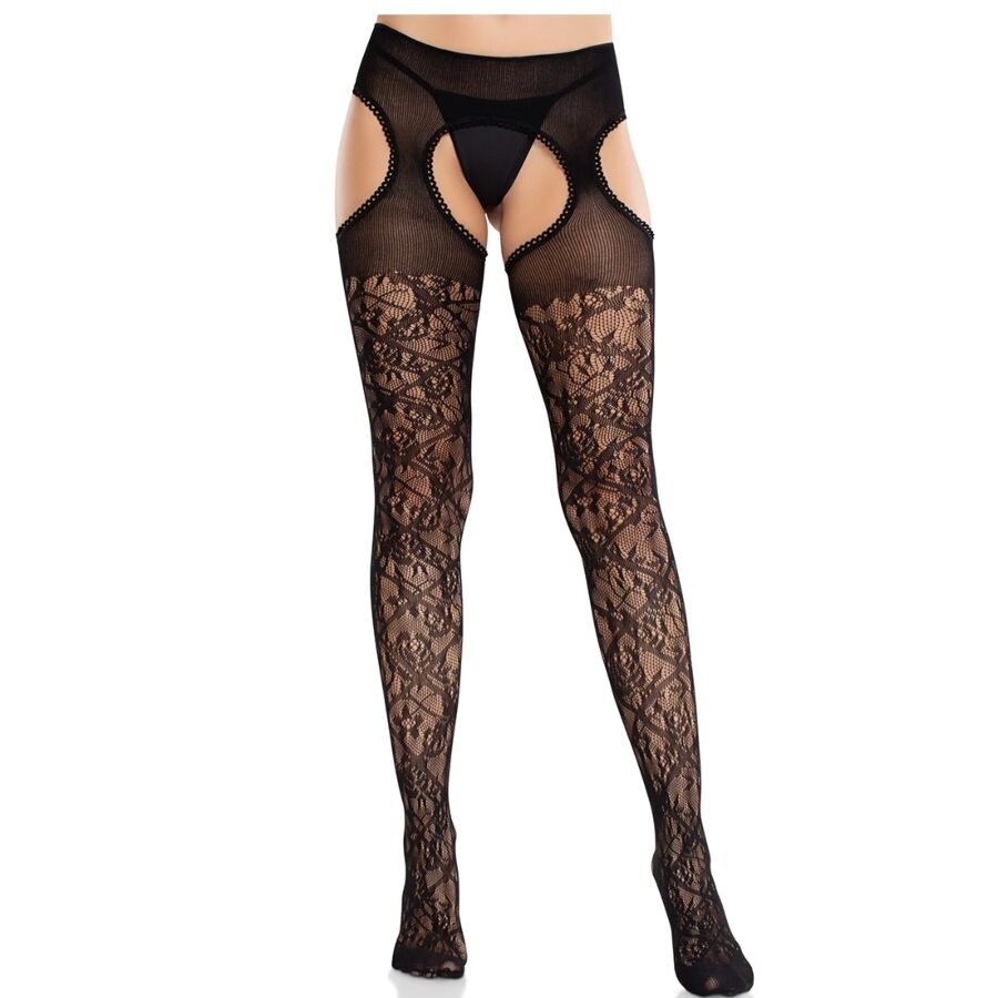 Ilhaerotica - LEG AVENUE - MEIAS DE RENDA FLORAL COM LIGAS UNITED BLACK