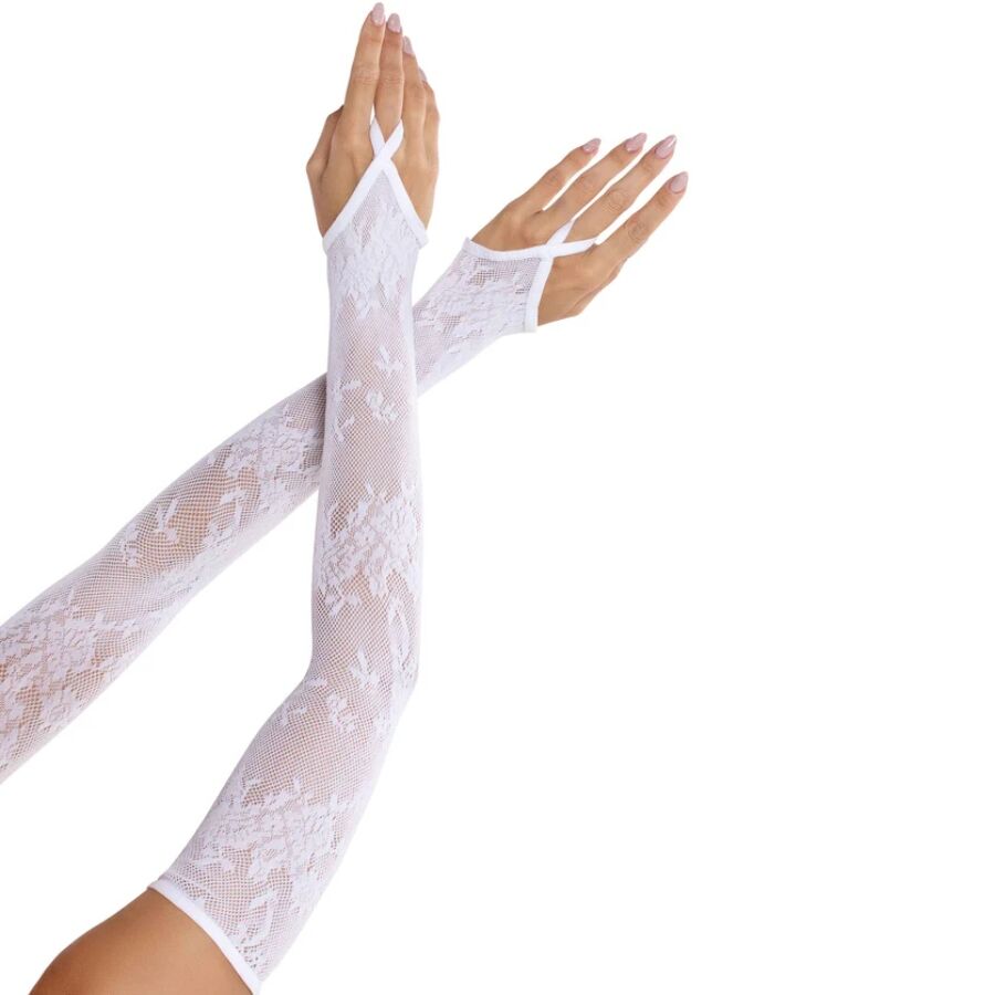 Ilhaerotica - LEG AVENUE - LUVAS EXTRA LONGAS COM RENDA FLORAL E AQUECEDOR DE BRAÇOS BRANCAS