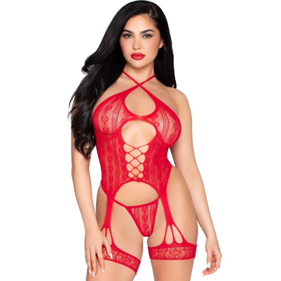 Ilhaerotica - LEG AVENUE - 89338 BODY ABERTO DE RENDA COM CINTA-LIGA + TANGA VERMELHA - TAMANHO ÚNICO