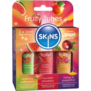 SKINS – KIT DE LUBRIFICANTES FRUTADOS: MELANCIA, MORANGO E MANGA – 3 x 12 ML