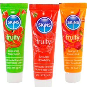 SKINS – KIT DE LUBRIFICANTES FRUTADOS: MELANCIA, MORANGO E MANGA – 3 x 12 ML