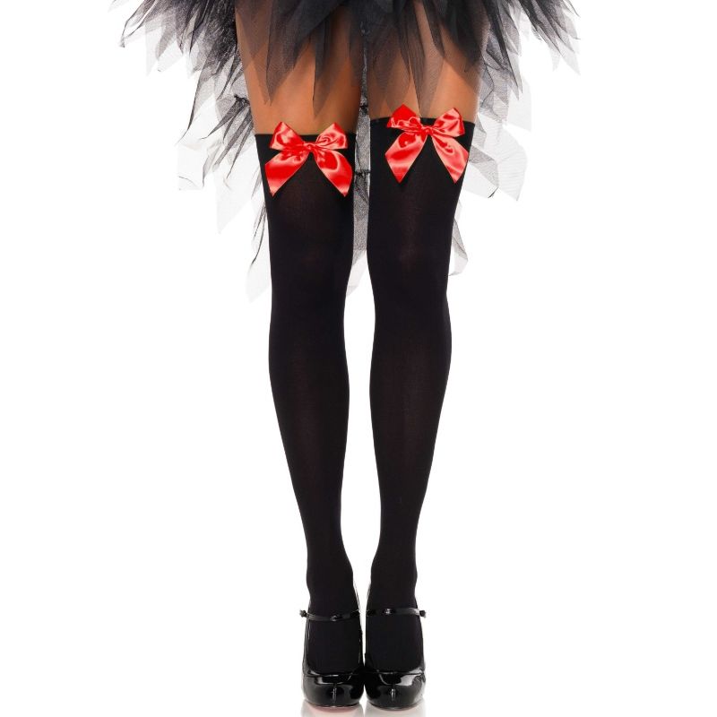 Ilhaerotica - LEG AVENUE - COXAS EM NYLON PRETO COM LAO VERMELHO TAMANHO ÚNICO